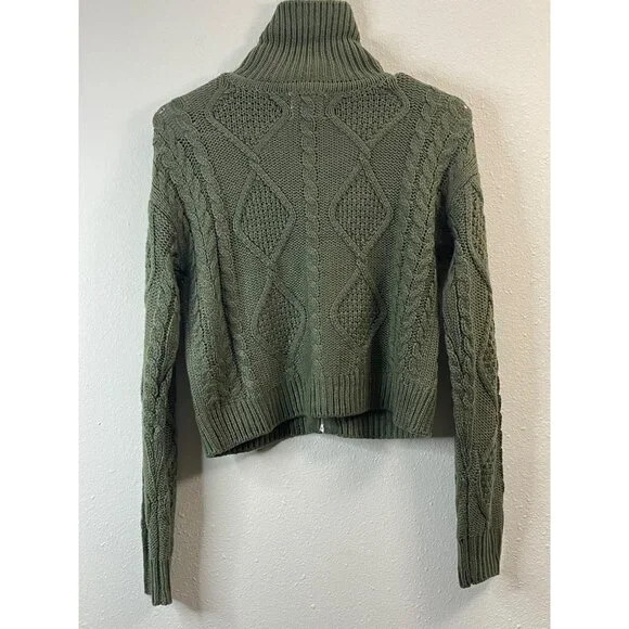 Olive Green Cropped Cable Knit Sweater With Diamond Pattern & Full Zipper - Picture 4 of 10